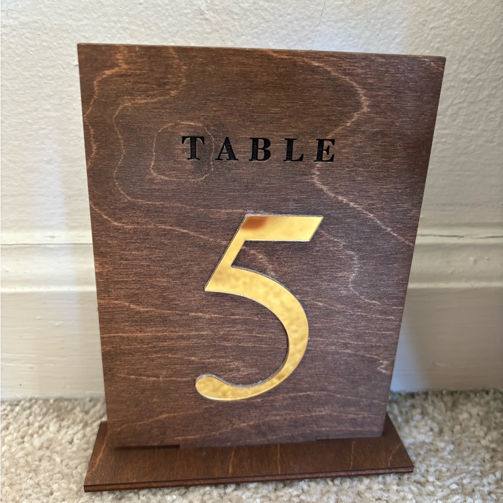 Wooden Table Number Sign with Gold Accent